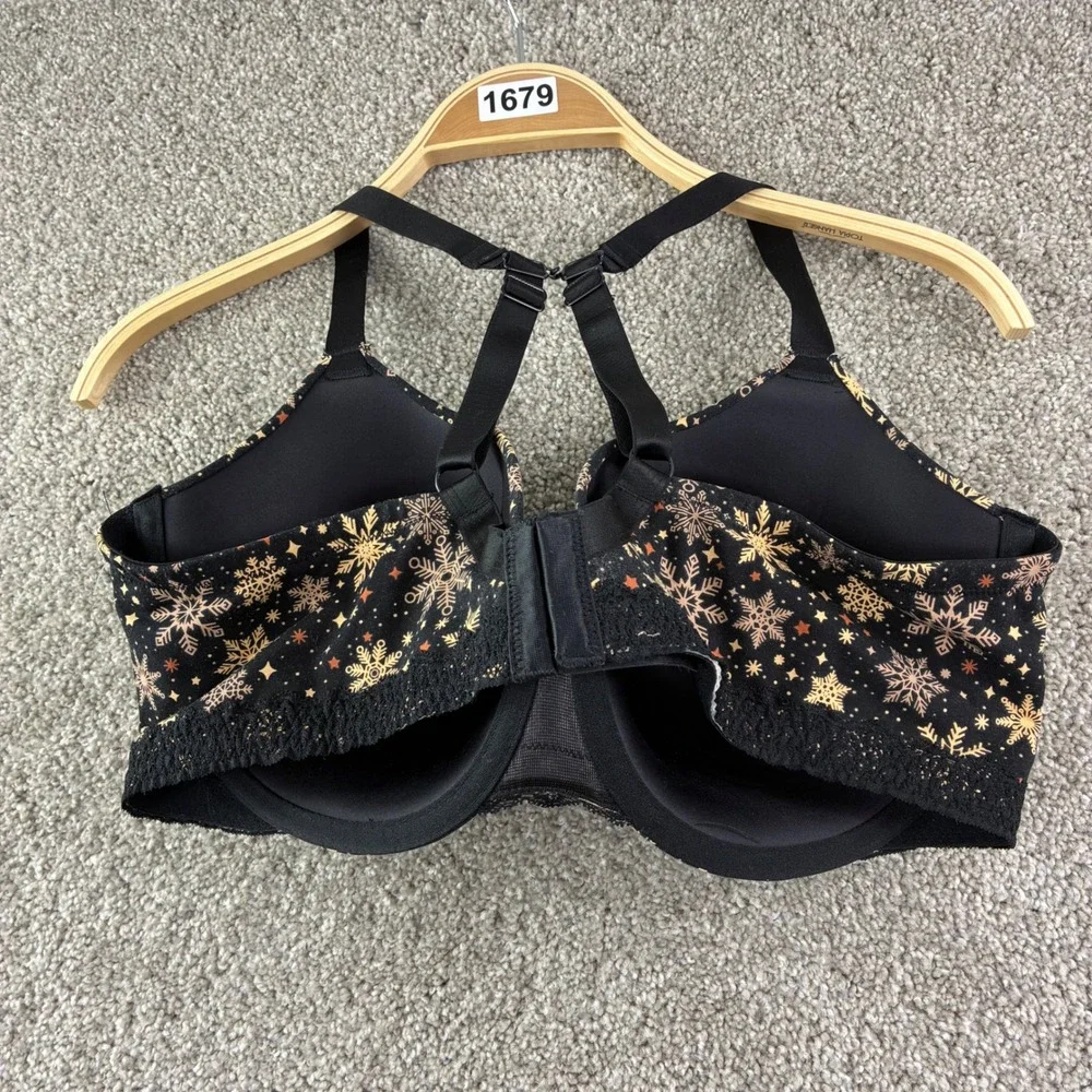 Ambrielle‎ Organic Cotton Demi Bra 40DD Black Gold Snowflake Holiday Racerback